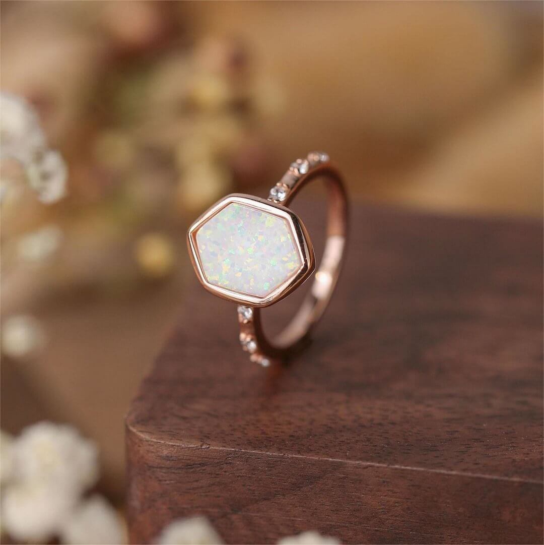 Hexagon Opal Rough Zircon Ring