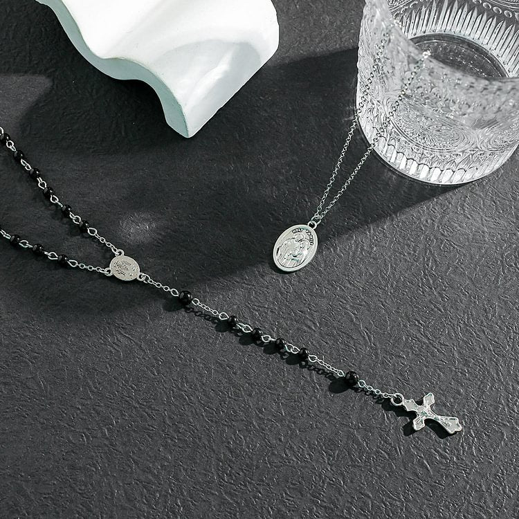 Obsidian Beaded Holy Medal Cross Pendant Rosary Necklace