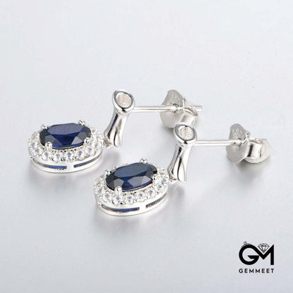 White Gold Full Stones Drop Earrings with Oval Brilliant Cut Sapphire