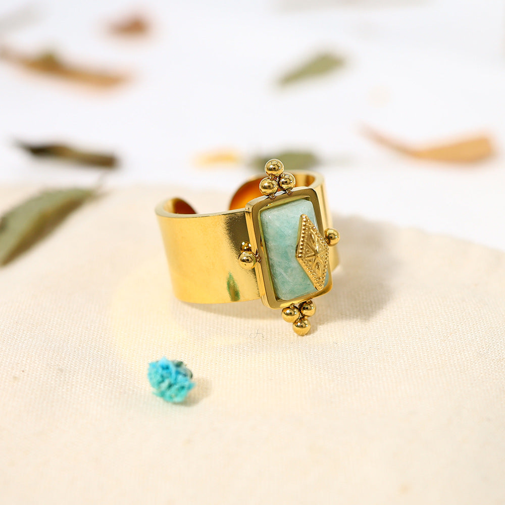 Retro Color Stone Thick Band Ring