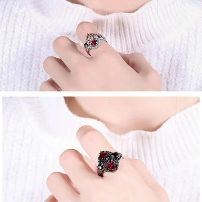 Retro Skull Love Heart Ruby Ring