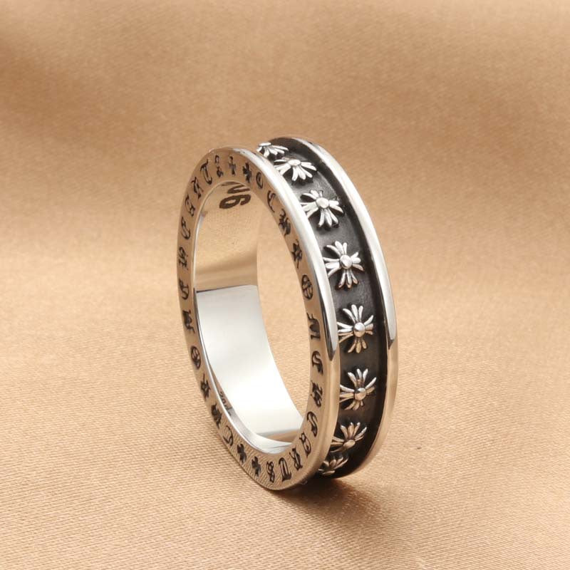 Cross Flower Inscription Retro Trendy Men's Ring