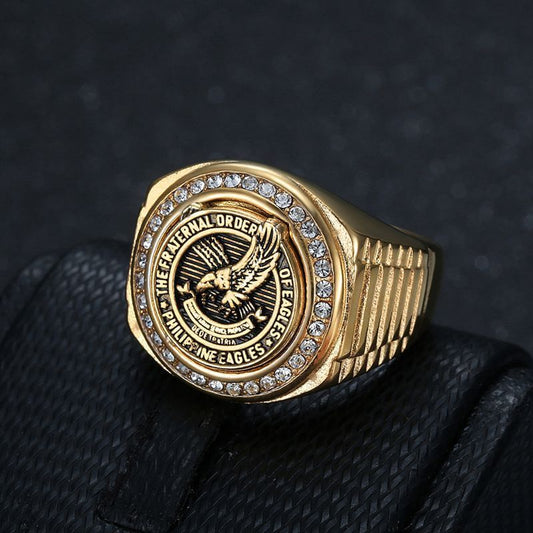 Stainless Steel Vacuum Gold-plated Inlaid Cubic Zirconia Eagle Domineering Men's Ring