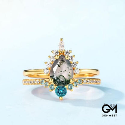 Moss Agate Paraiba Tourmaline 2pcs 925 Silver Ring