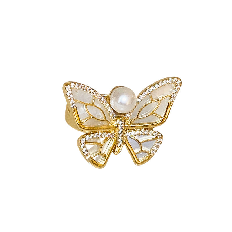 Gold plated pearl butterfly ring