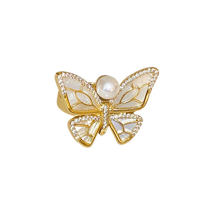 Gold plated pearl butterfly ring