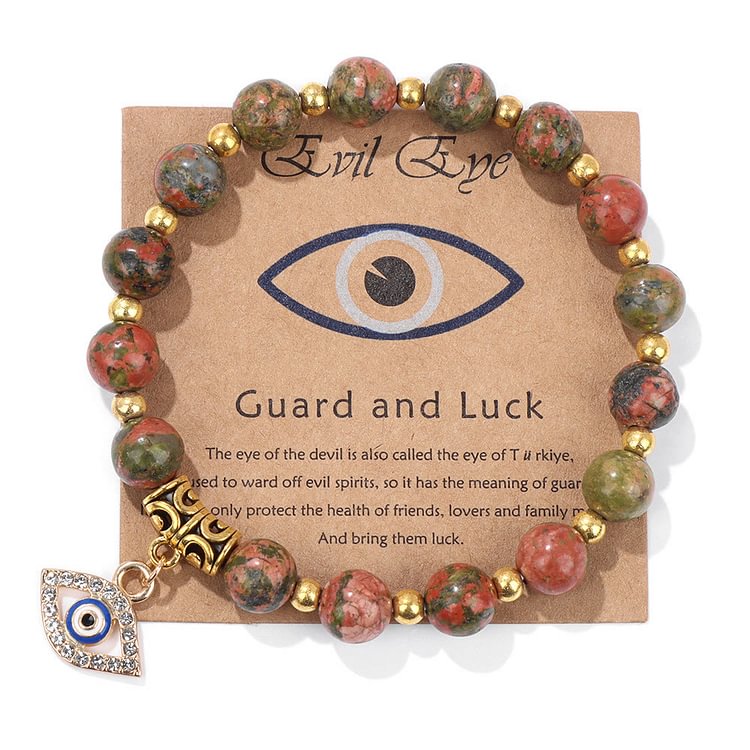 Purple Jade & Color Stone Bead Evil Eye Pendant Bracelet