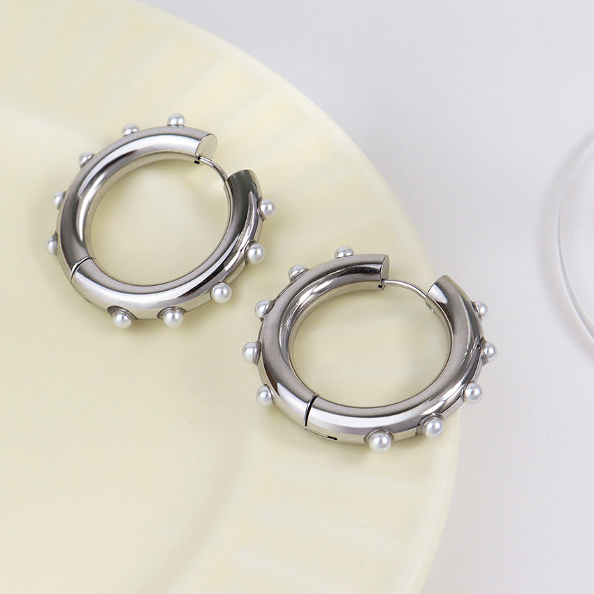 Huggie Steel Pearl Chunky Hoop Earrings