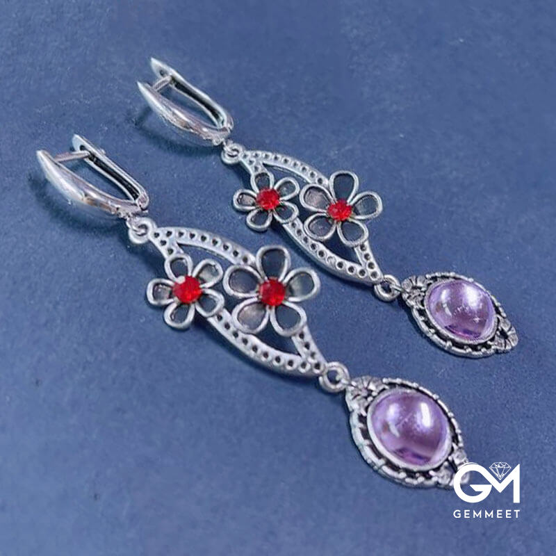 Bohemian Floral Metal Purple-pink Stone Earrings