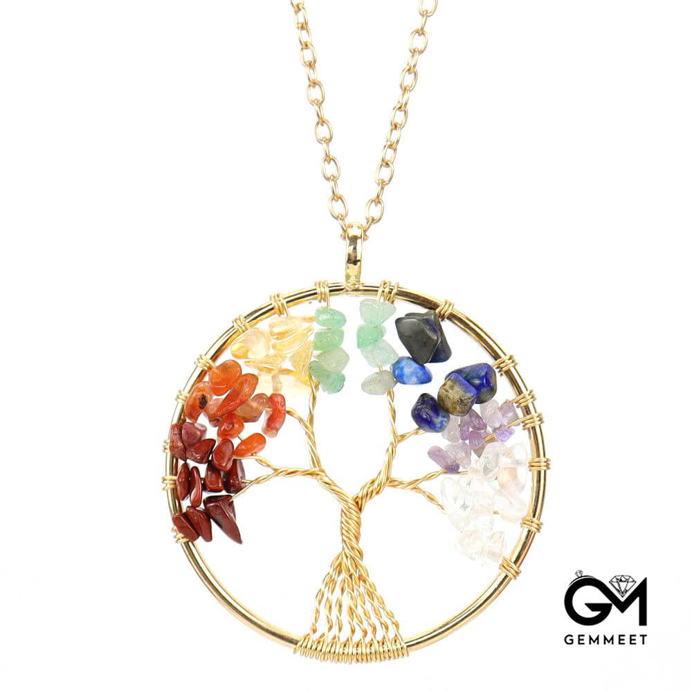 Gold Wrapped Silk Crystal Roots Tree of Life Necklace