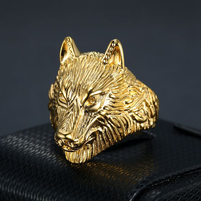 Hip Hop Jewelry Gold Plated Wolf Head Men's Ring