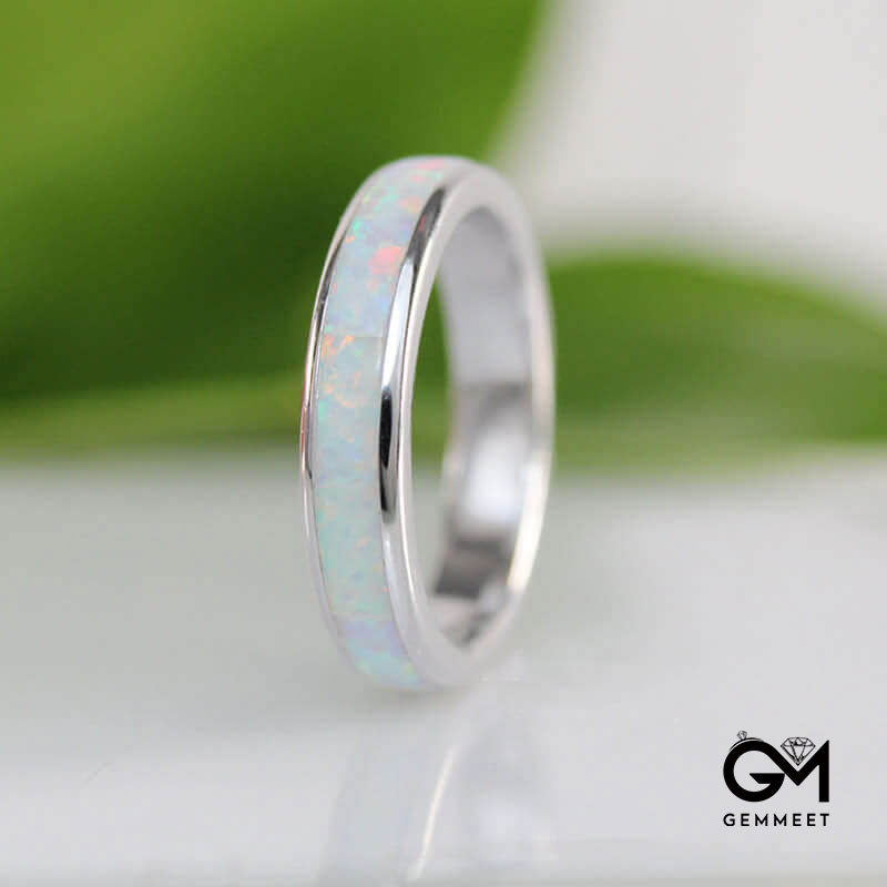 White Opal Band Sterling Silver Ring