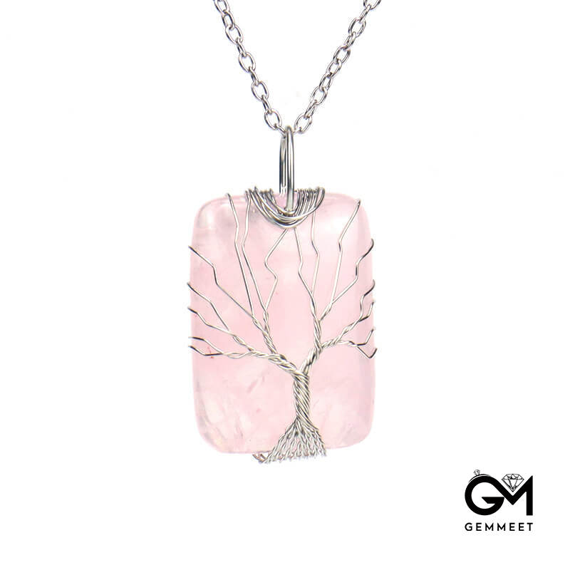 Hand Wound Crystal Cuboid Tree of Life Pendant Necklace