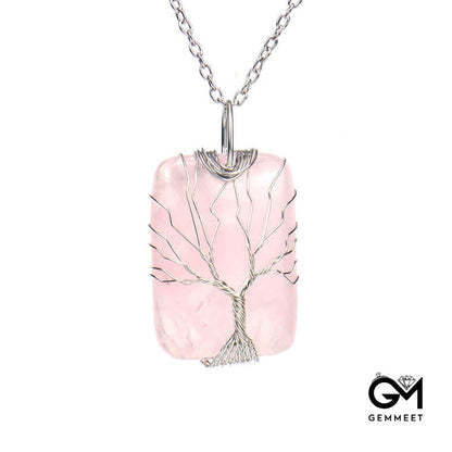 Hand Wound Crystal Cuboid Tree of Life Pendant Necklace