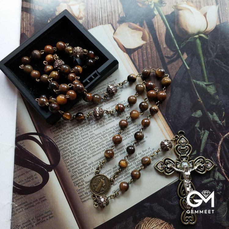 Grade A Tiger Eye Cross Pendant Rosary Necklace