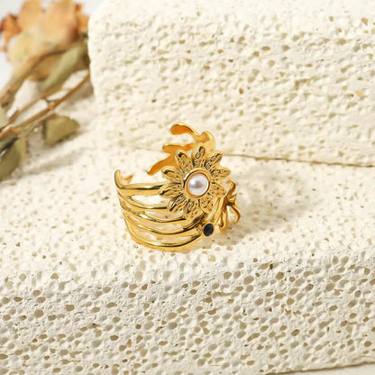 Women's 18K Gold Plated Pearl Sunflower Ring