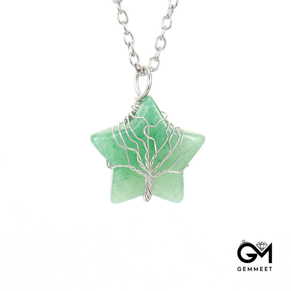 Crystal Pentagram Wound Tree of Life Necklace