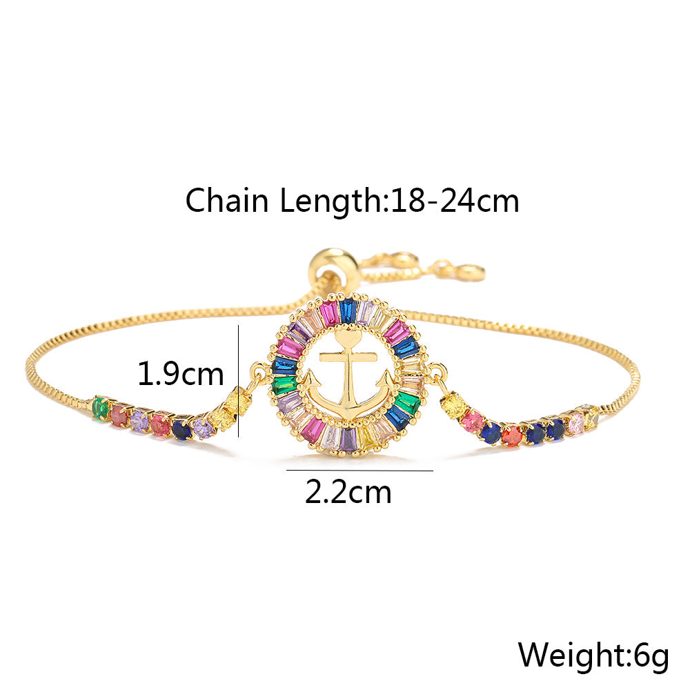 Hollow Halo Colors Stones Ship Anchor Pendant Bracelet