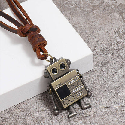 Movable Robot Pendant Leather Necklace