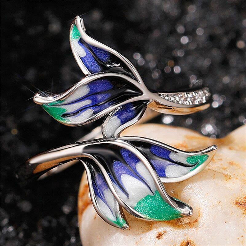 Blue Pink Feather Leaves Ring