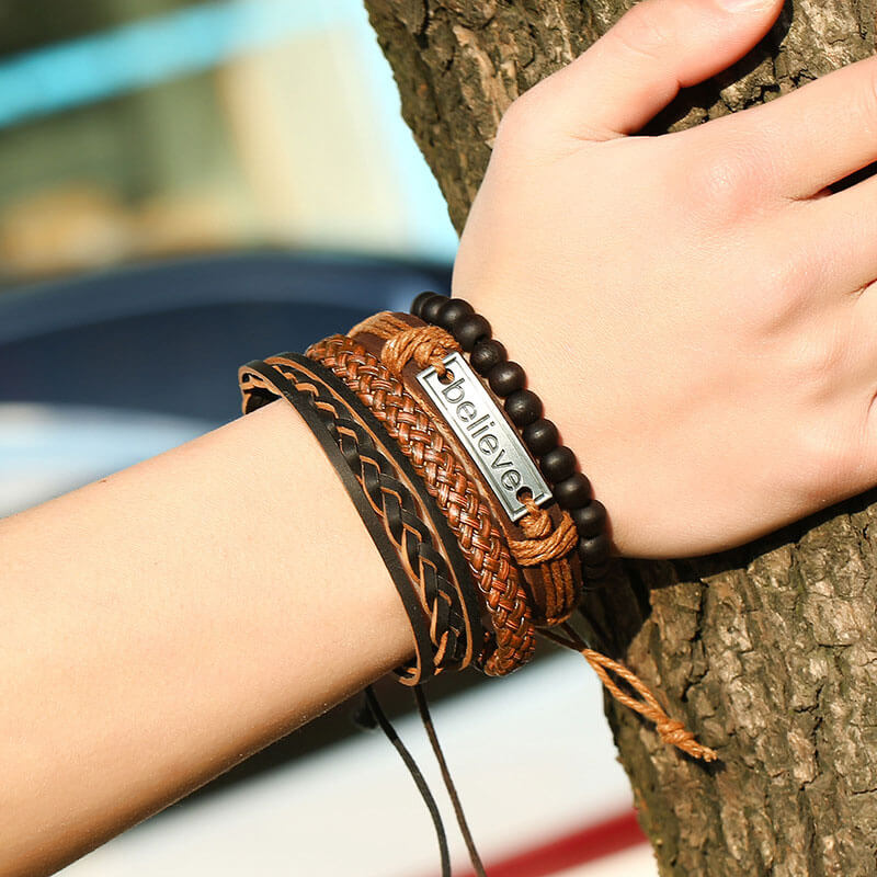 Vintage Cowhide Men's Bracelet Set Braided Leather Bracelets