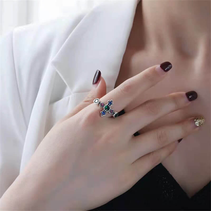 Colorful Zircon Cross Flower Ring