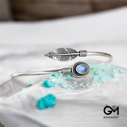 "New Life" - Feather Moonstone Bangle Bracelet