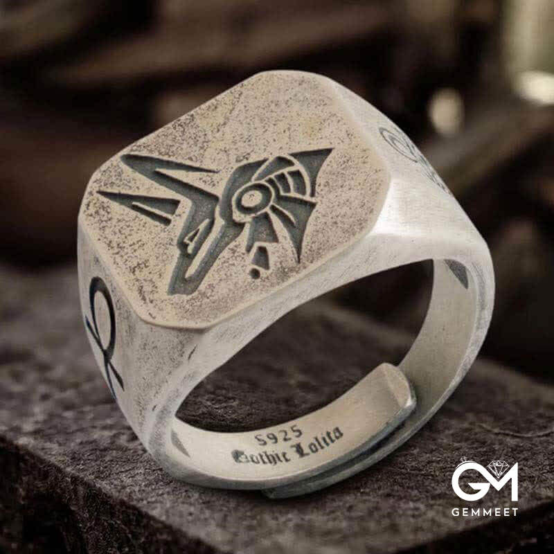 The God Of The Sky - Horus and Anubis Sterling Silver Ring