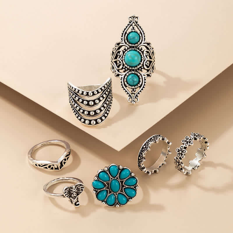 Retro Turquoise 7 - Piece Rings Set