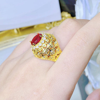 Textured Carved Golden Pigeon Blood Imitation Ruby Brushed Ring Wide-brimmed Fish Scale Hand-inlaid Imitation Ruby Color Treasure Ring