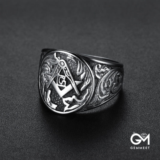 Stainless Steel AG Masonic Engraved Ring