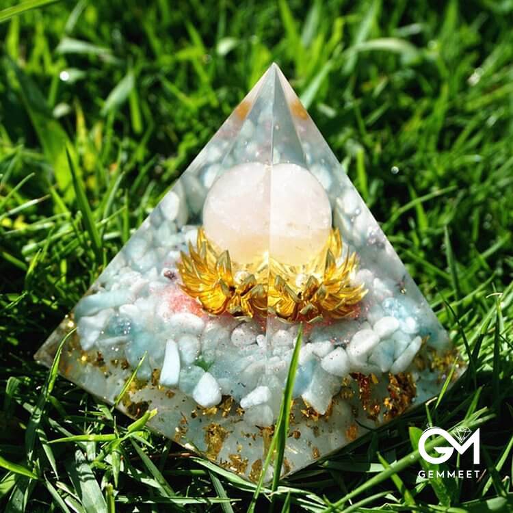 Aquamarine Rose Quartz Lotus Symbol Orgone Pyramid