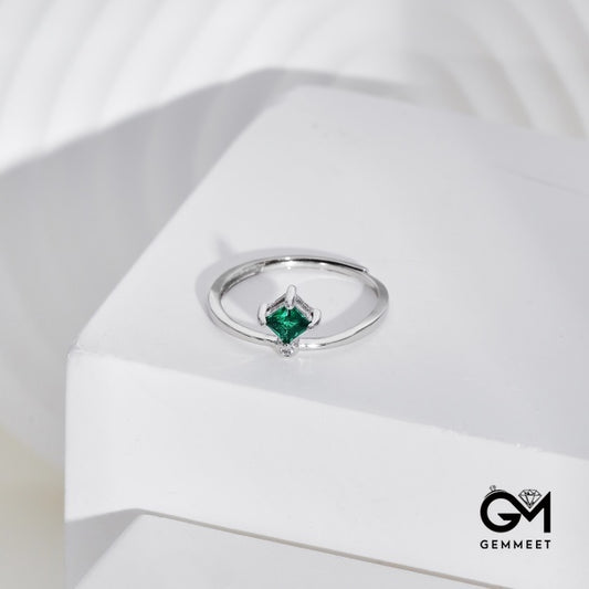 S925 Pure Silver Green Square Zircon Ring