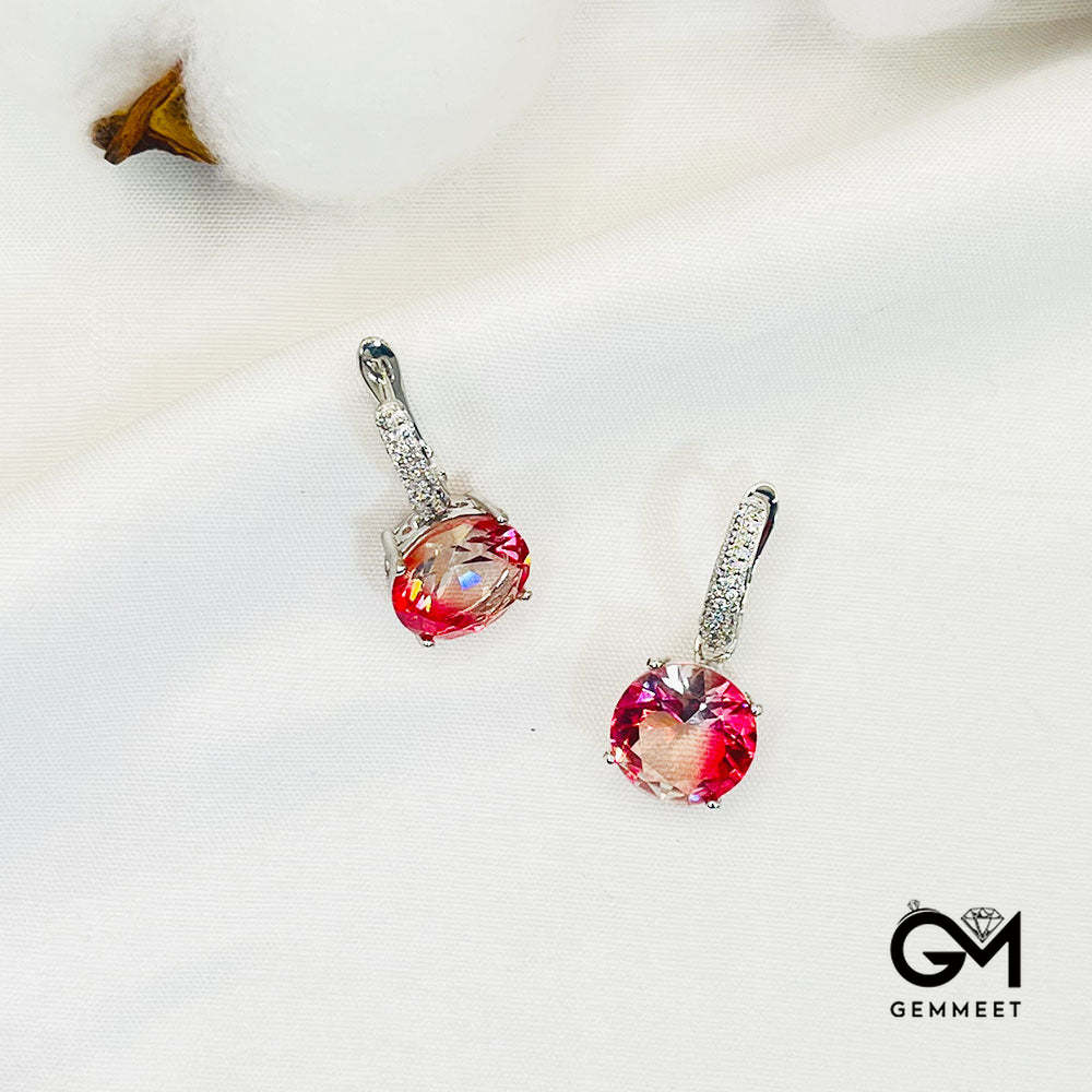 Red-White Gradient Round Stone Earrings