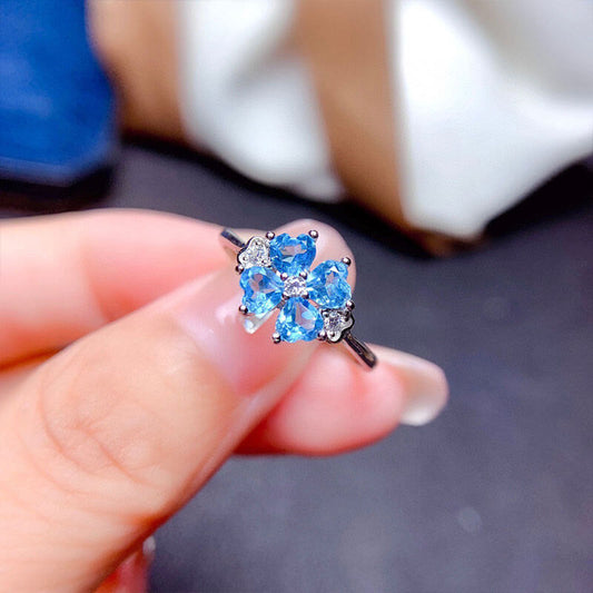 Light Luxury Four-leaf Clover Imitation Blue Topaz Colored Gemstone Ring