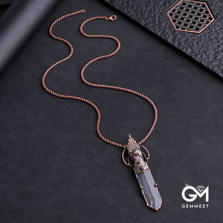 Clear Crystal Copper Vintage Sword Pendant Gemstone Necklace