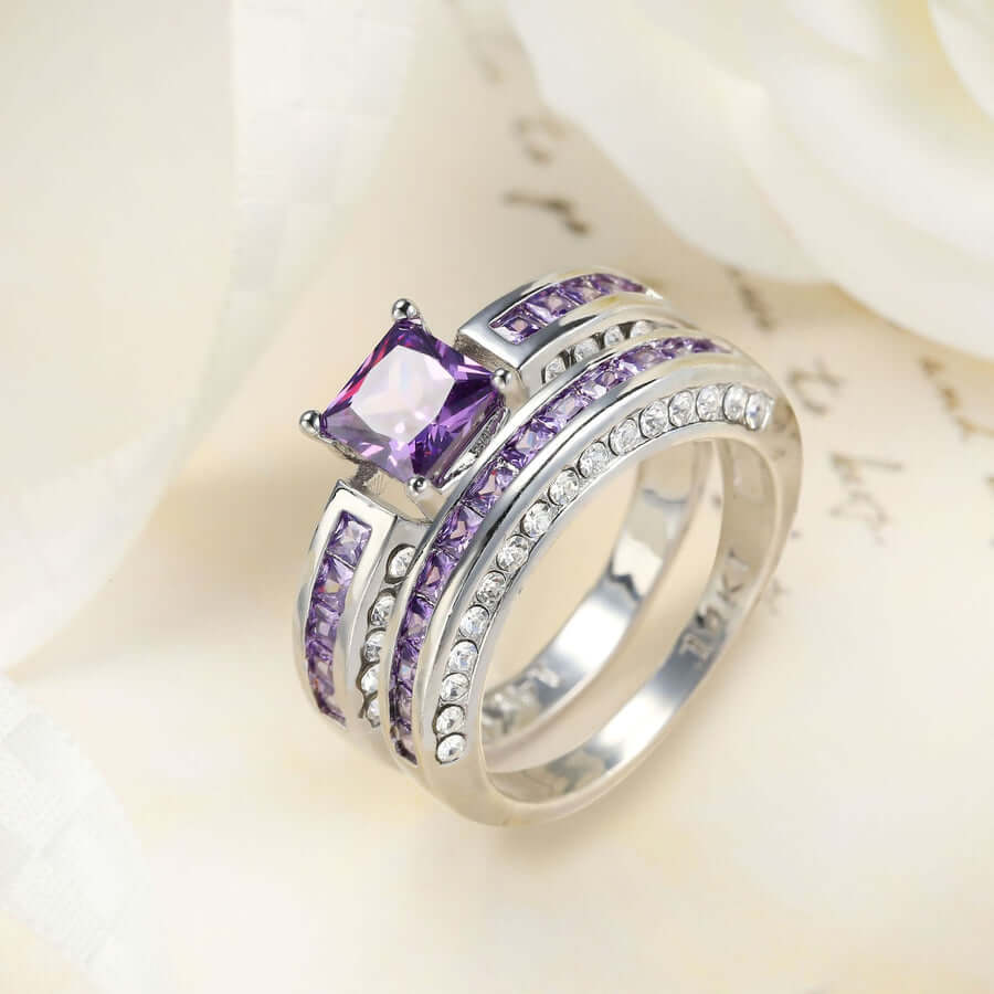 Amethyst White Zircon Ring Set Pair of Rings