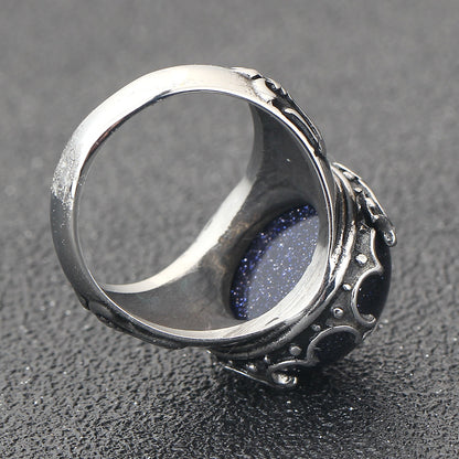 Vintage Shiny Blue Sand Stone Stainless Steel Ring