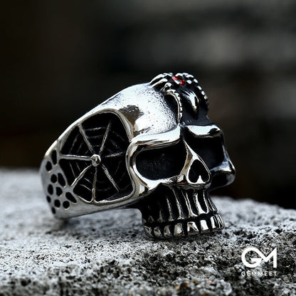 Stainless Steel Engraved Skull Red Zircon Ring