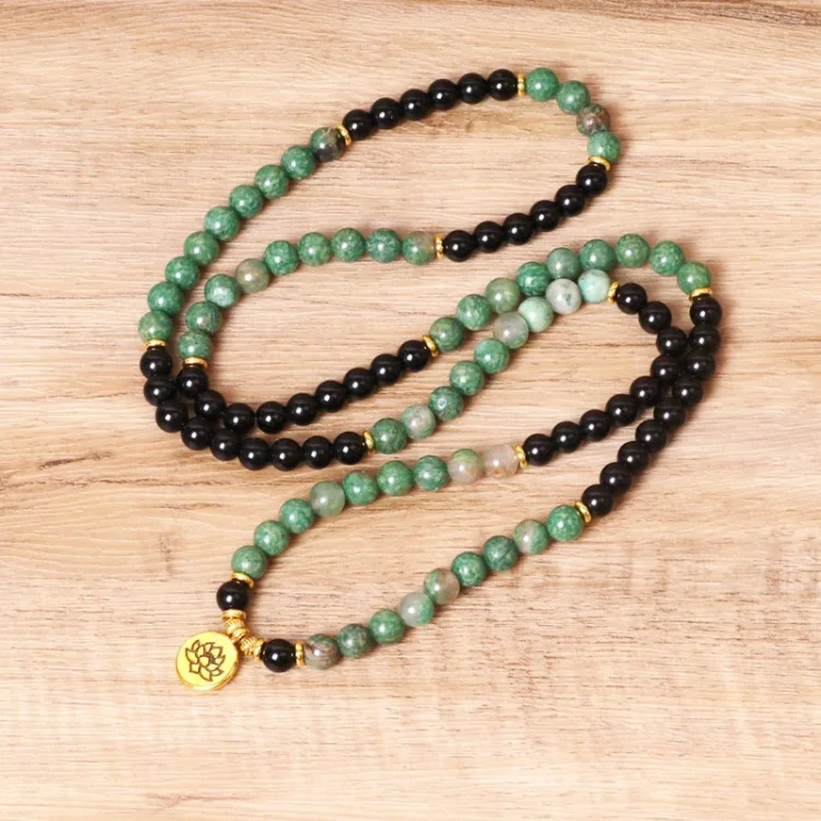 Green Aventurine Obsidian Lotus Symbol Necklace Bracelet