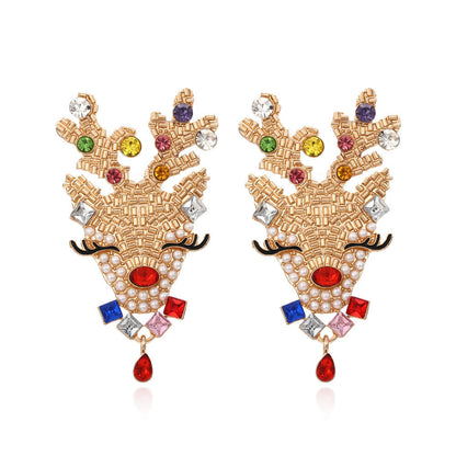 Christmas Creative Earrings Exaggerated Alloy Inlaid Zircon Elk Earrings Female Animal Imitation Pearl Earrings