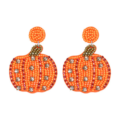 Halloween Handmade Rice Beads Inlaid Zircon Pumpkin Earrings for Women