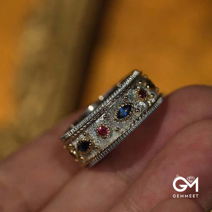 Retro Sapphire with Ruby Plated S925 Silver Ring