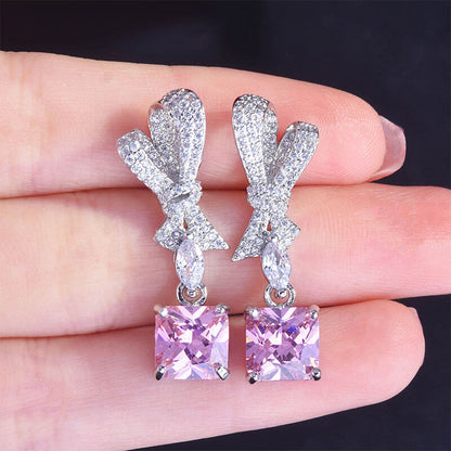 New Jewelry Radiant Cut Earrings Super Flash Powder Diamond Ice Flower Cut Full Diamond Bow Earrings