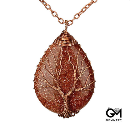 Wrap Silk Life Tree Gold Sand Stone Drop Necklace