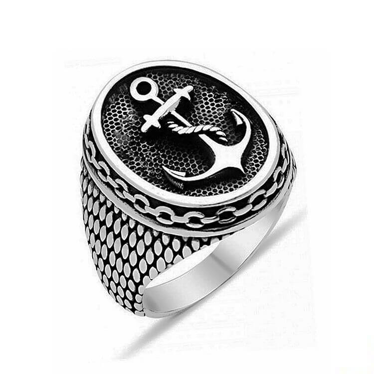 Vintage Punk Polished Navy Anchor Men's Ring