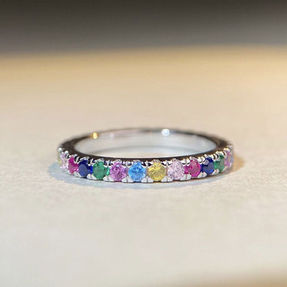 White Gold Prong Common Rainbow Stones Band Ring