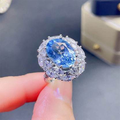 Imitation Natural Swiss Blue Topaz Ring Fashion Inlaid High Carbon Diamond Diamond Ring