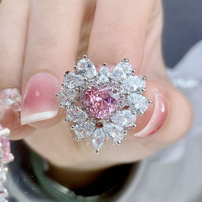 Cluster Set Imitation Natural Argyle Pink Diamond Jewelry Sweet Cool Heart Shape Pink Diamond Ring