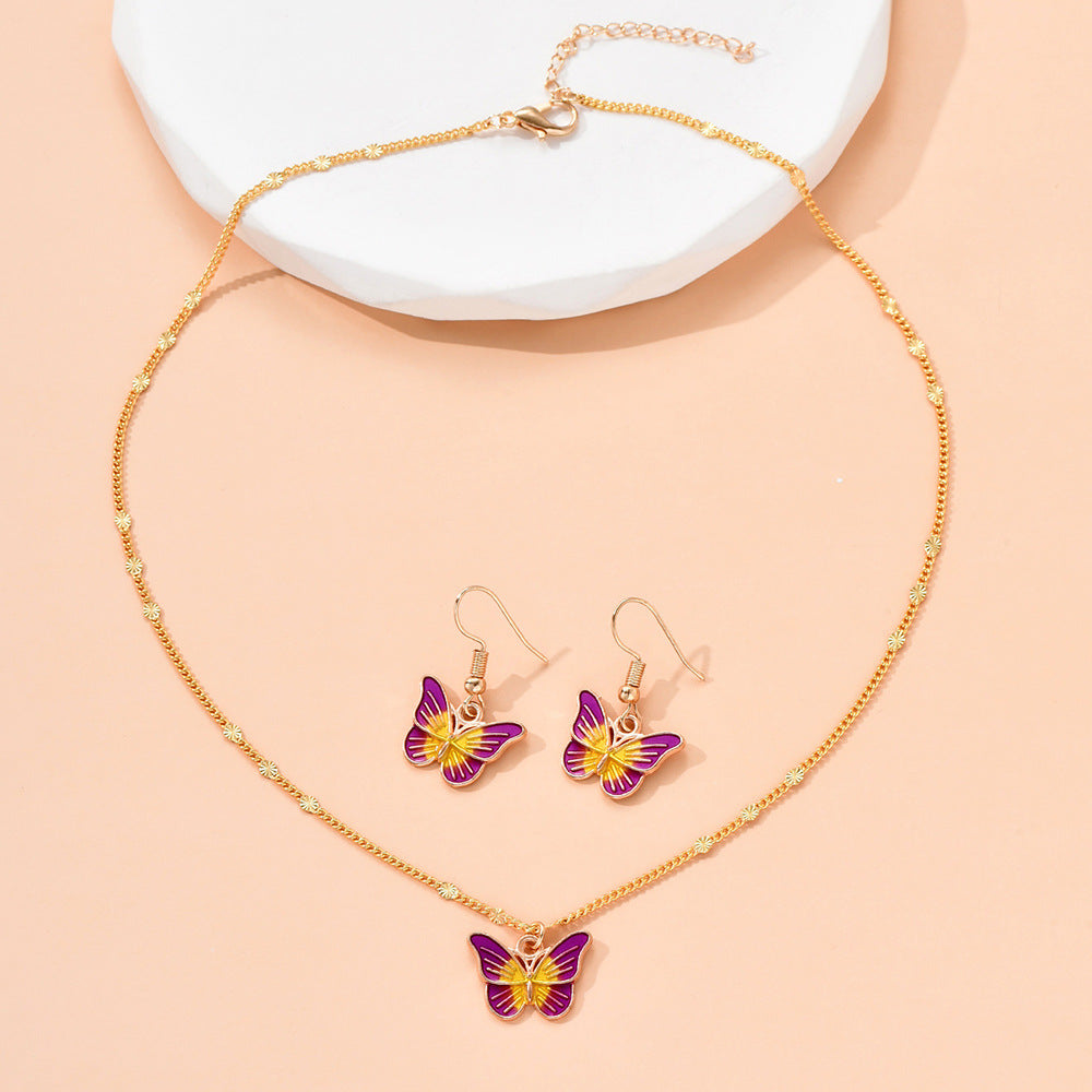 Purple Butterfly Necklace Earrings Set